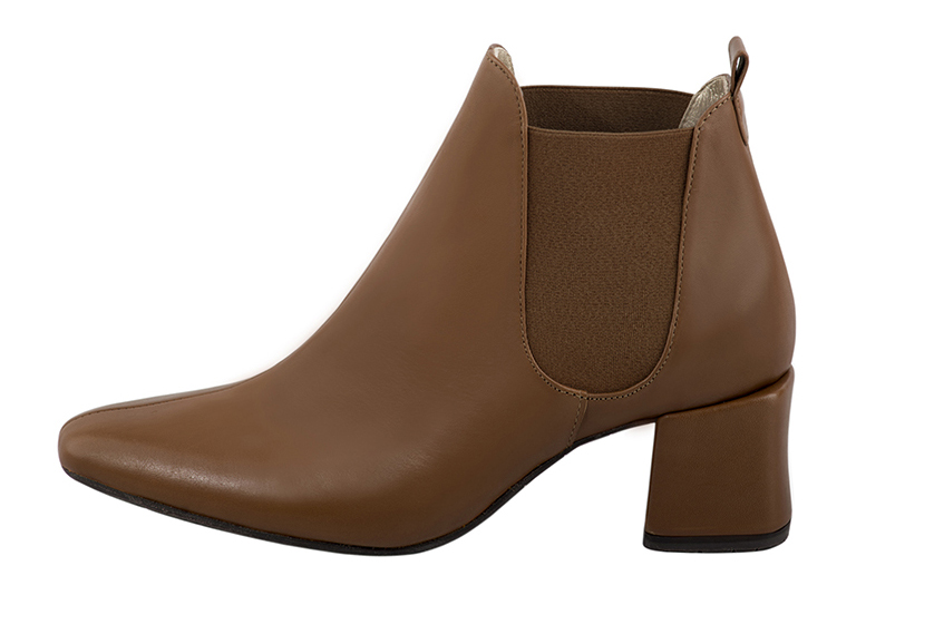 Caramel brown women's ankle boots, with elastics. Square toe. Medium block heels. Profile view - Florence KOOIJMAN